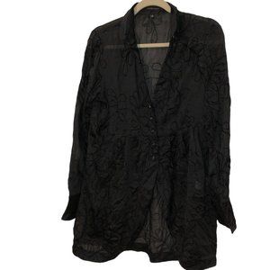 Walter Voulaz SILK cotton black embroidered liberty floral button down s…